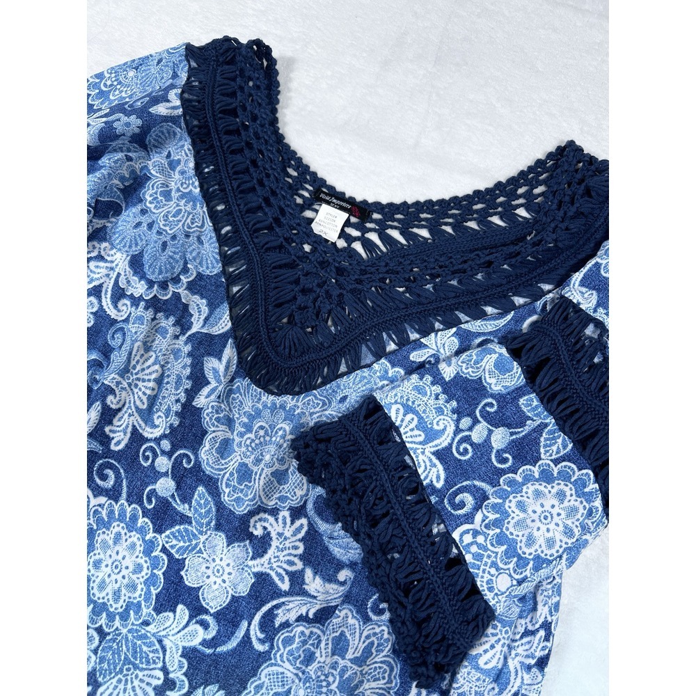Vivid Women 2X Crocheted Fringed V Neck Short Sleeve Tunic Boho Hippie Cottage